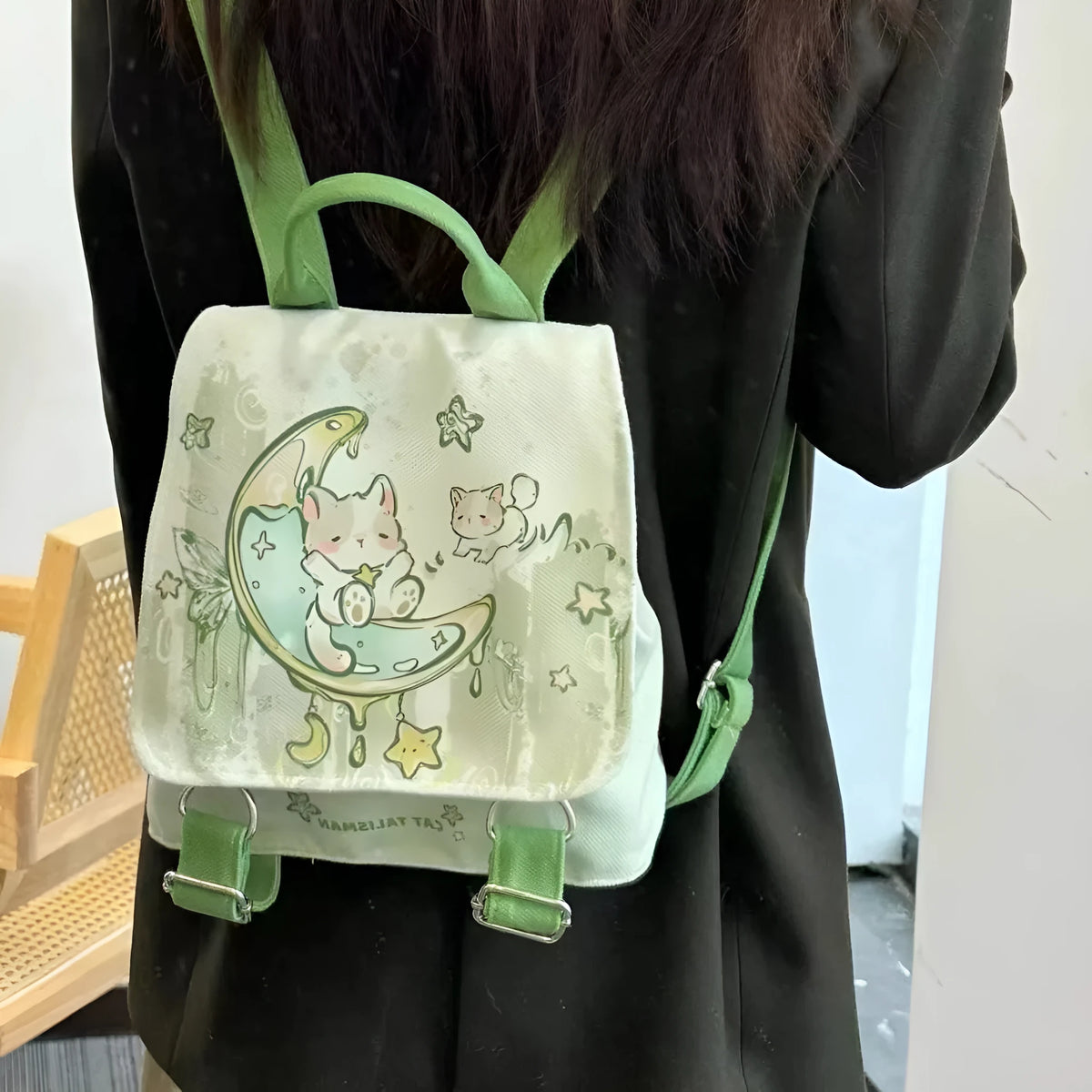 Mint green polyester backpack with sandwich pocket and canvas lining, 23x10x25cm