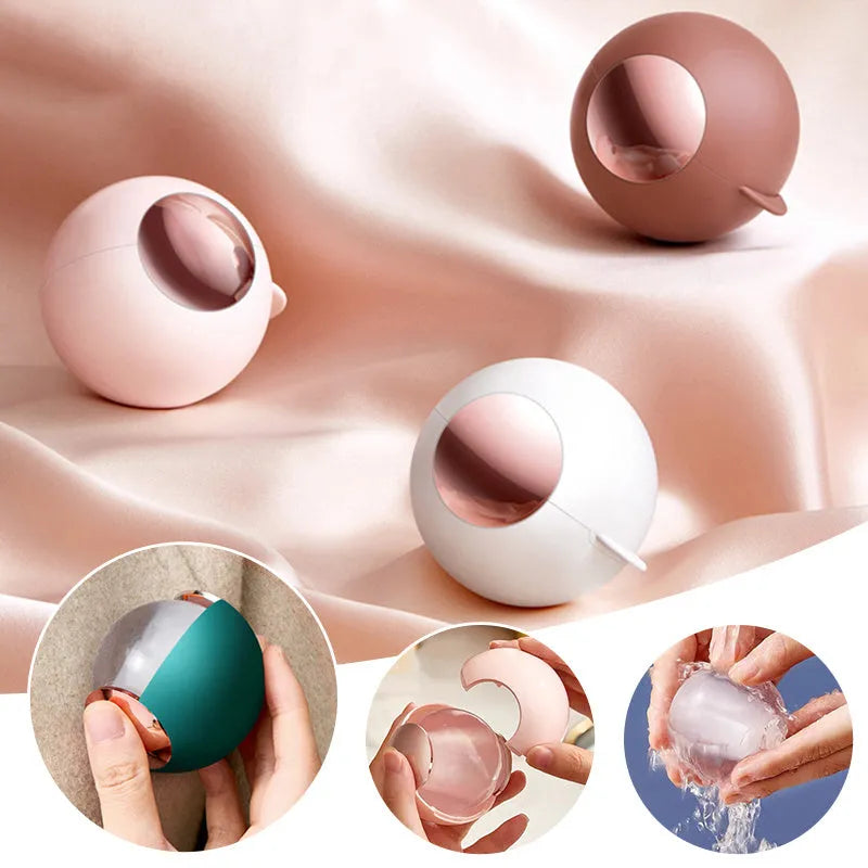 Washable reusable lint roller ball with handle for removing pet hair from fabrics.