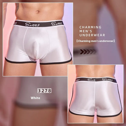 Men's shiny silky nylon boxer briefs in black, white, and sapphire blue colours.
