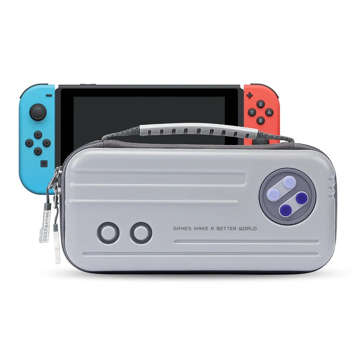 Nintendo Switch storage clutch case in grey, showing size and portable handbag design.