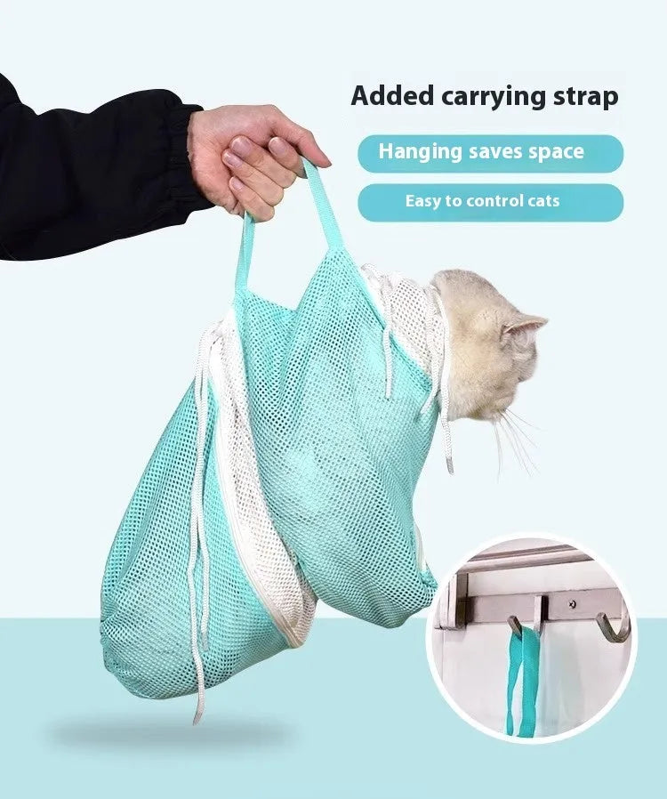 Upgraded fifth-generation cat grooming bag in grey and white, shown detachable and scratch-resistant.