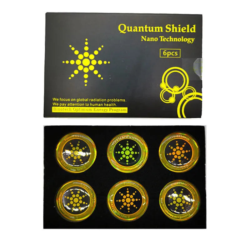 Box containing six gold and silver anti-electromagnetic wave stickers for mobile phones