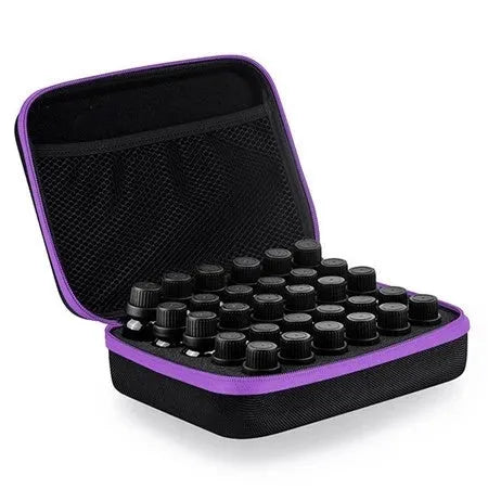 Red cube-shaped EVA essential oil storage bag with 30 compartments, shown mounted on a wall.
