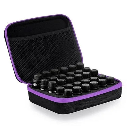 Red cube-shaped EVA essential oil storage bag with 30 compartments, shown mounted on a wall.