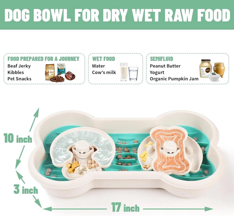 Slow feeder dog bowl, a 3-in-1 puzzle feeder tray designed with waves, humps, and grooves to slow eating speed for large breed dogs, made from food-safe PP and TPR materials with anti-slip suction cups, in green, pink, or yellow.