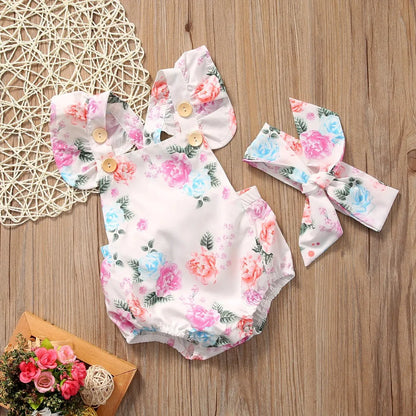 Baby girl white floral two piece set with sleeveless cotton triangle dress and matching bottoms, sizes 73cm to 100cm