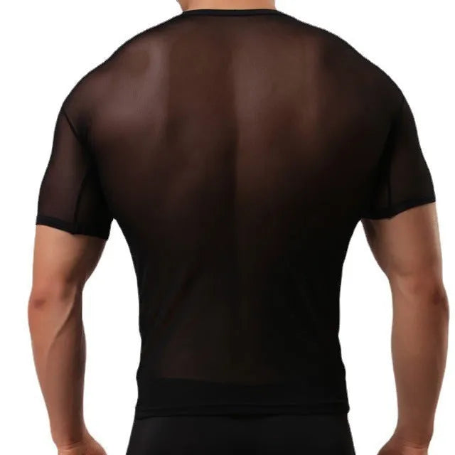 Men's slim fit transparent mesh t-shirt in solid colours on a model.
