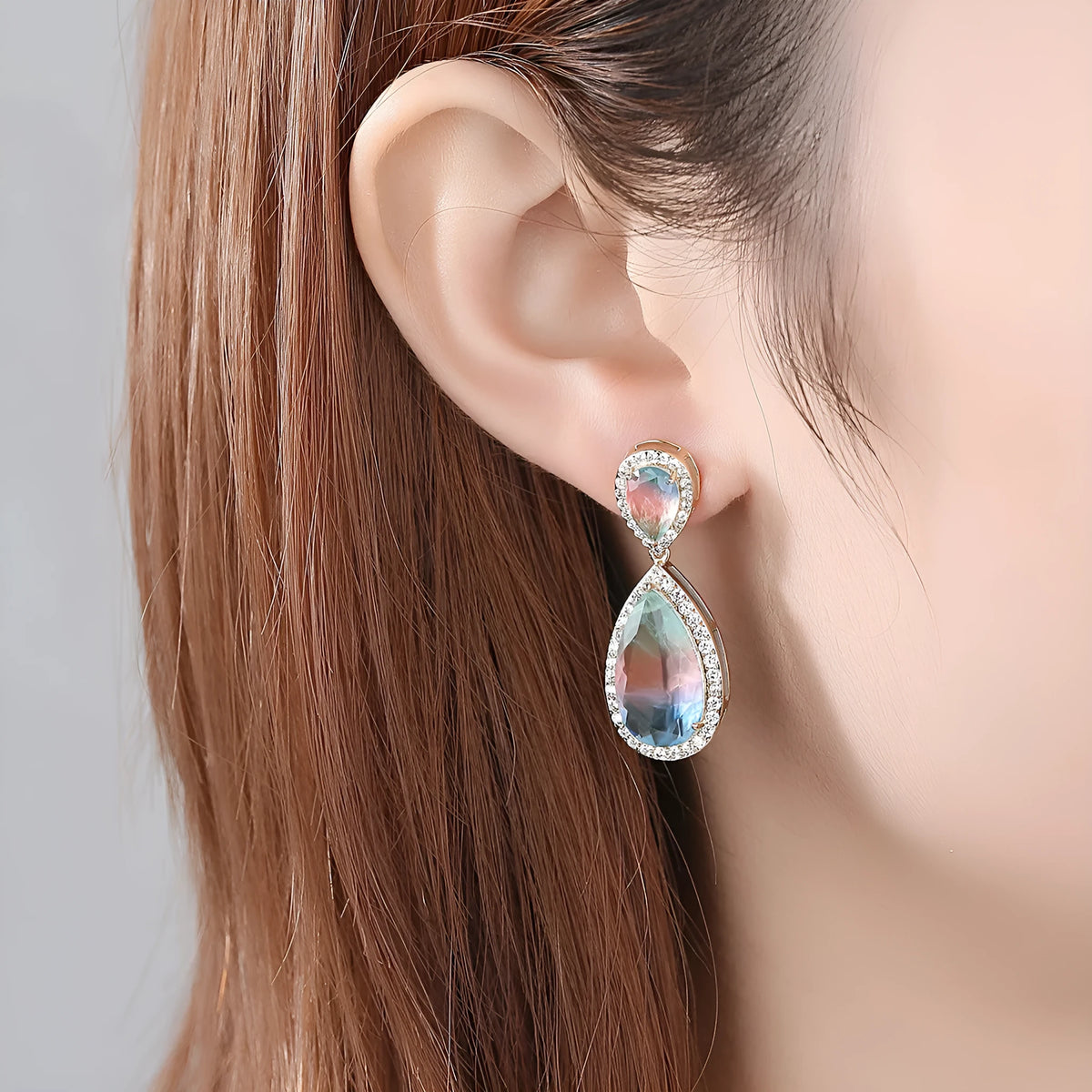 Copper inlaid synthetic gemstone drop earrings in blue, pink and yellow, fashion OL style