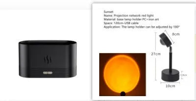 Black square ultrasonic aroma diffuser with flame light effect and mist output.