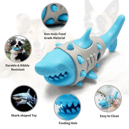 Blue, grey, and yellow plastic dog teething toy with shark-tooth texture and venting holes.