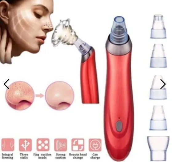 Electric blackhead remover device with five suction nozzle attachments, shown in black colour.