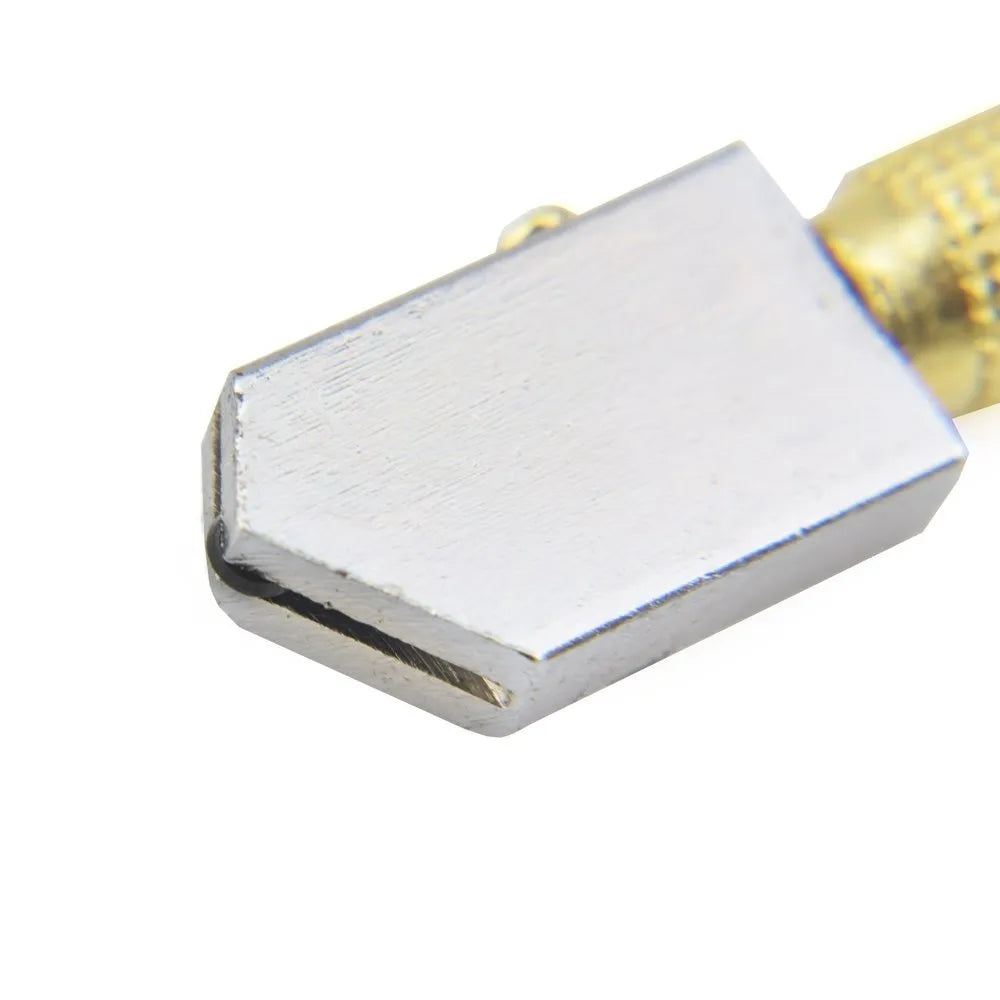 Handheld metal glass cutter tool with a carbide wheel for cutting thick glass sheets.
