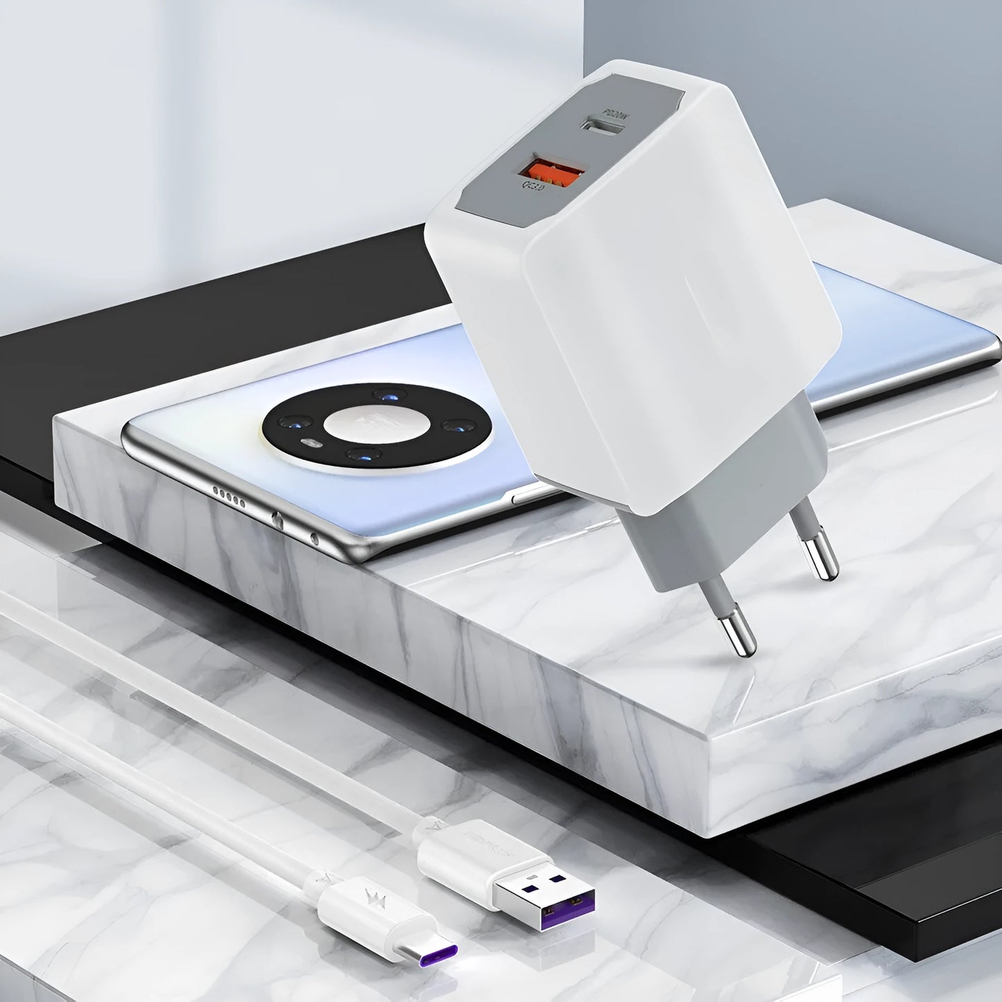White phone fast charger set with compact charging head and USB cable on a white background.