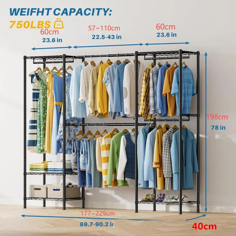 Black metal freestanding storage rack for clothes, trousers, and ties organisation