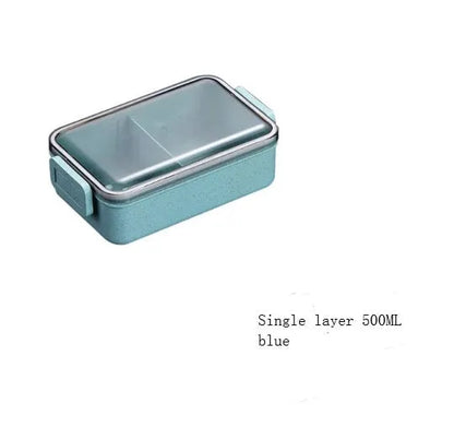 Square wheat straw lunch box with lock seal in blue, beige, or pink colours.