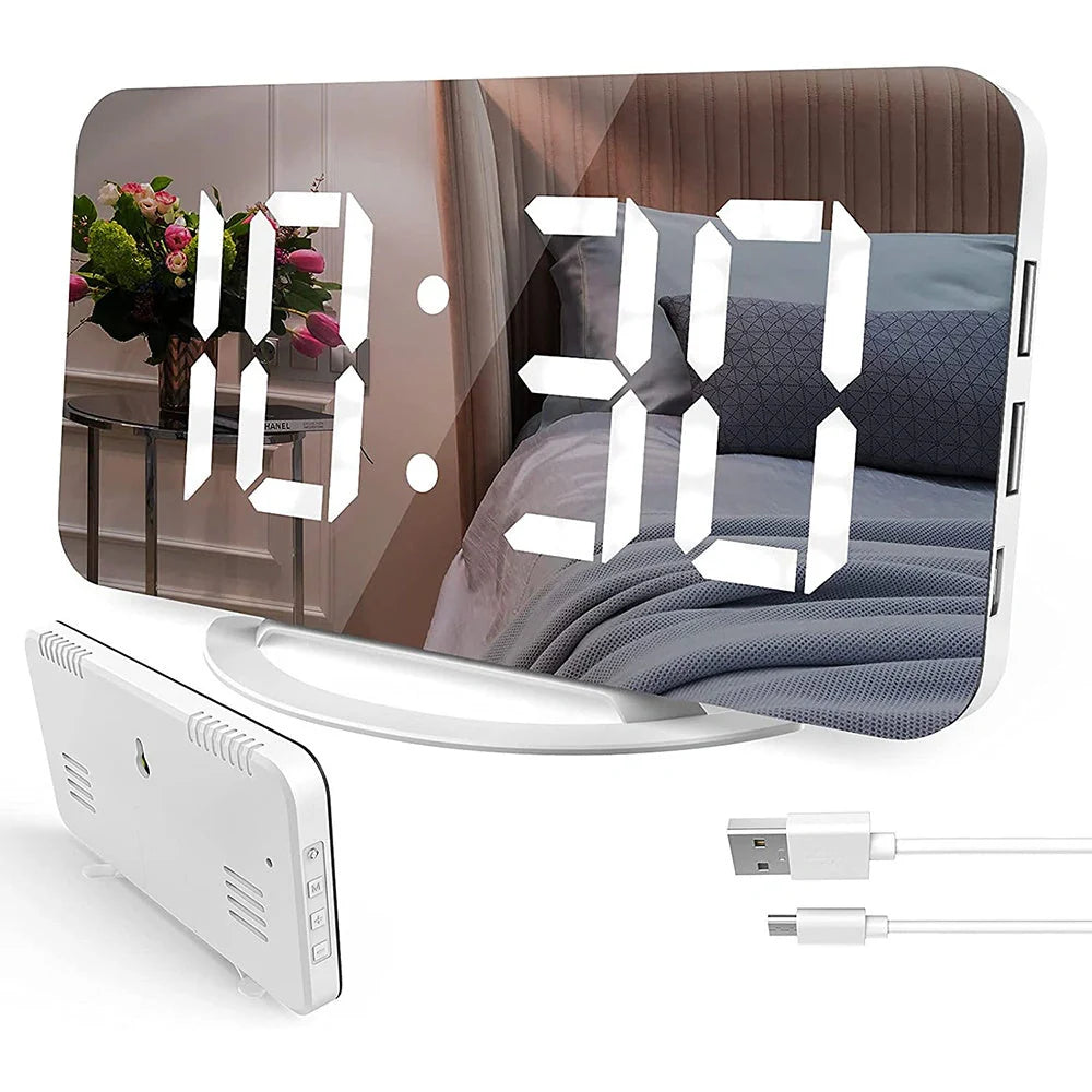 Digital Mirror Clock with adjustable LED display and dual USB ports