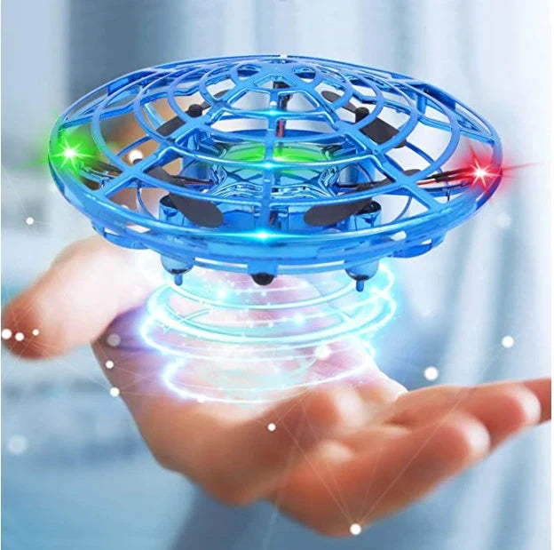 Futuristic mini drone helicopter with UFO-inspired design, automatic obstacle detection, and intuitive controls