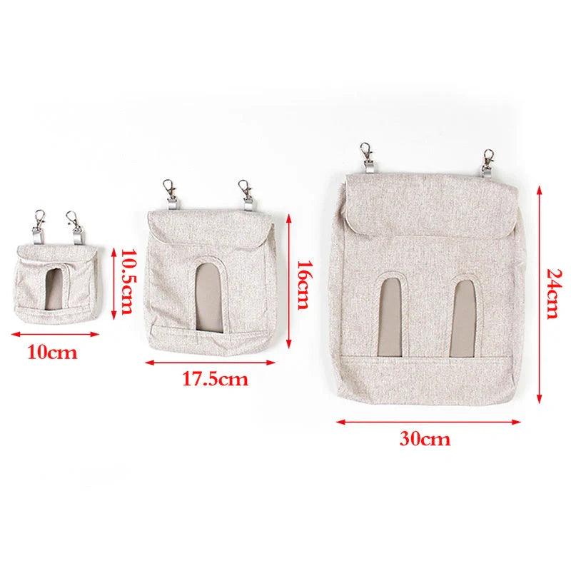 Durable cloth feed bag for small pets including rabbits, guinea pigs, and hamsters in grey and blue.