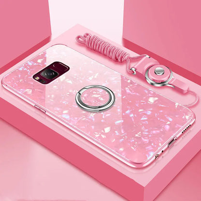Tempered glass phone case for Samsung S8 and S9 in black, pink, red, or white colours
