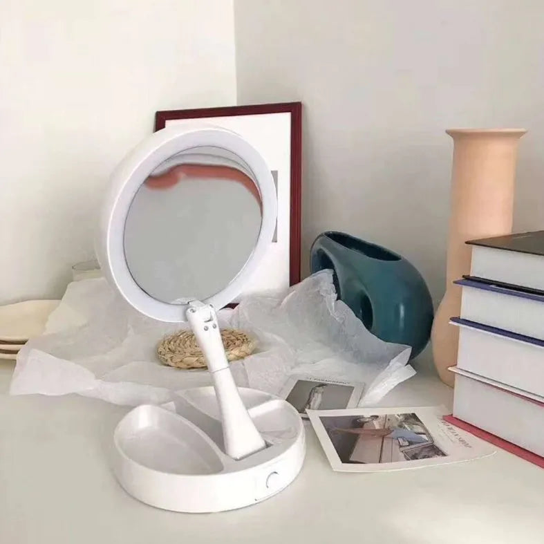 White acrylic vanity mirror with LED lights and USB charging port