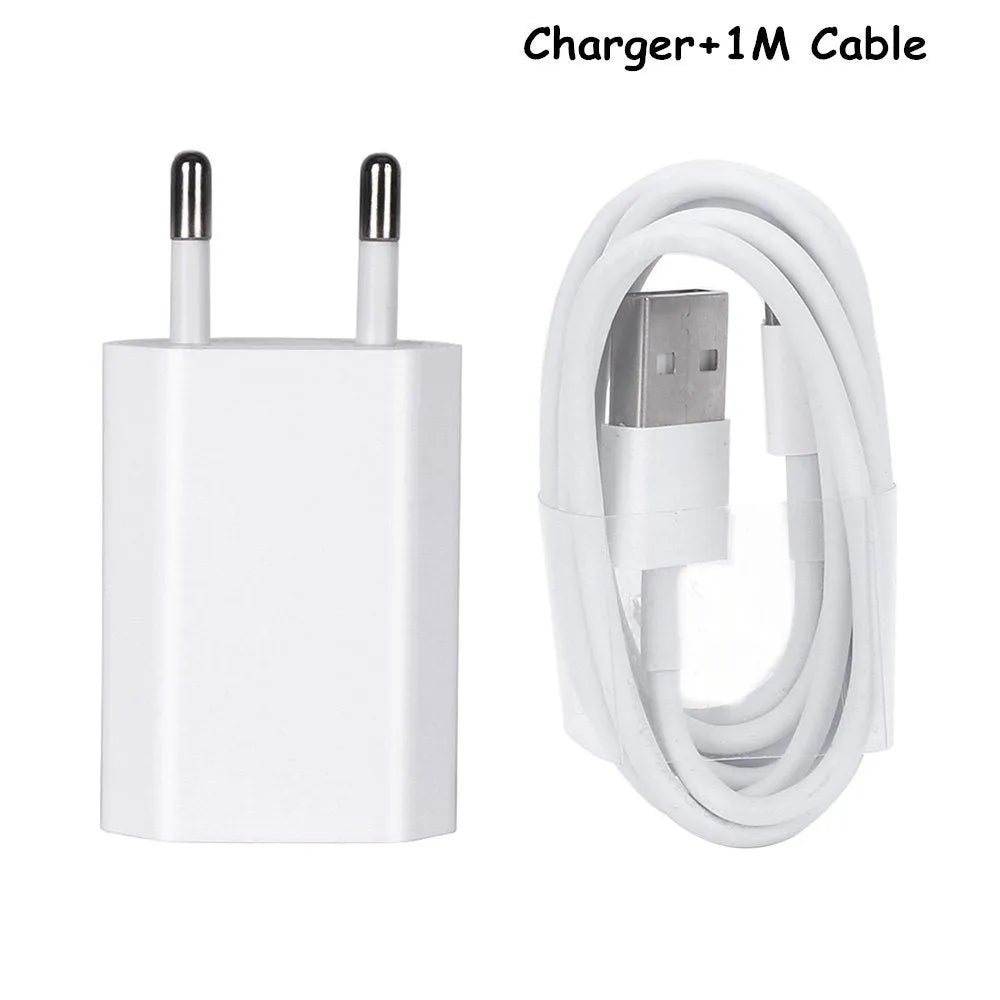 White USB travel charger with UK plug and a coiled Lightning cable for iPhone and iPad charging