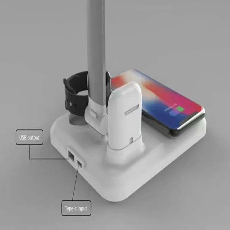 Black and white 4-in-1 multi-function LED desk lamp with wireless charging pad and digital clock display