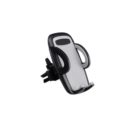 Black universal car air vent mobile phone holder attached to a vehicle vent, showing adjustable arms and 360-degree rotation.