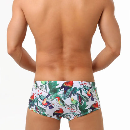 Men's flower-bird print nylon swimming trunks with cup cover in boxer brief style