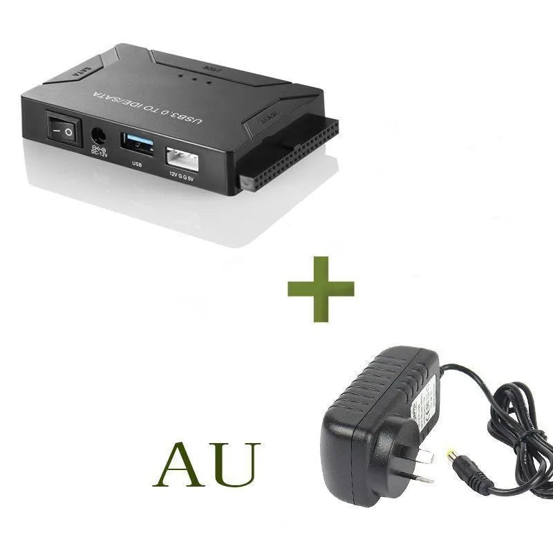 USB to IDE and SATA hard drive adapter with power supply and data cables for desktop drive connectivity