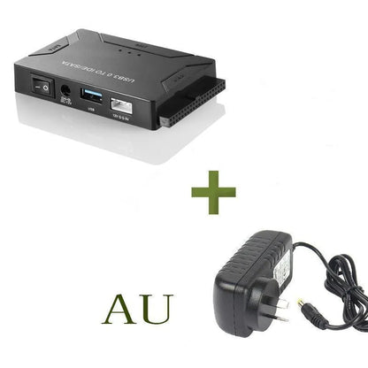 USB to IDE and SATA hard drive adapter with power supply and data cables for desktop drive connectivity
