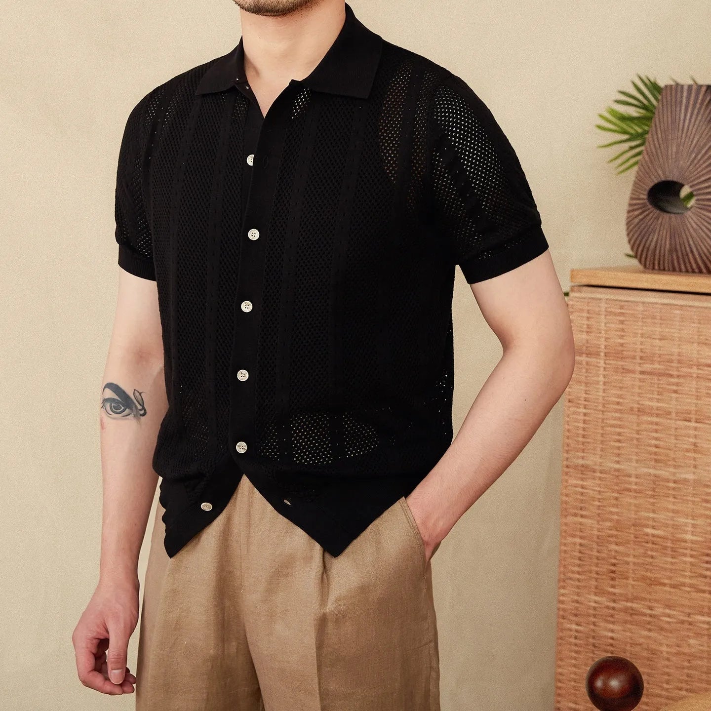Men's short sleeve lapel cardigan in striped knit cotton fabric showing creamy-white, black and brown colour options