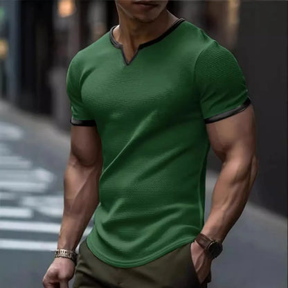 V-neck colour-block waffle texture outdoor sports T-shirt in polyester fabric on a neutral background.