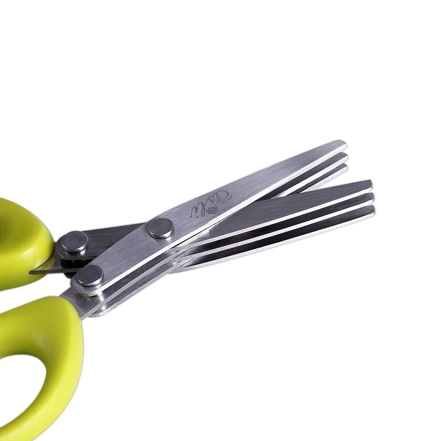 Stainless steel kitchen scissors with five parallel blades for cutting green onions and herbs