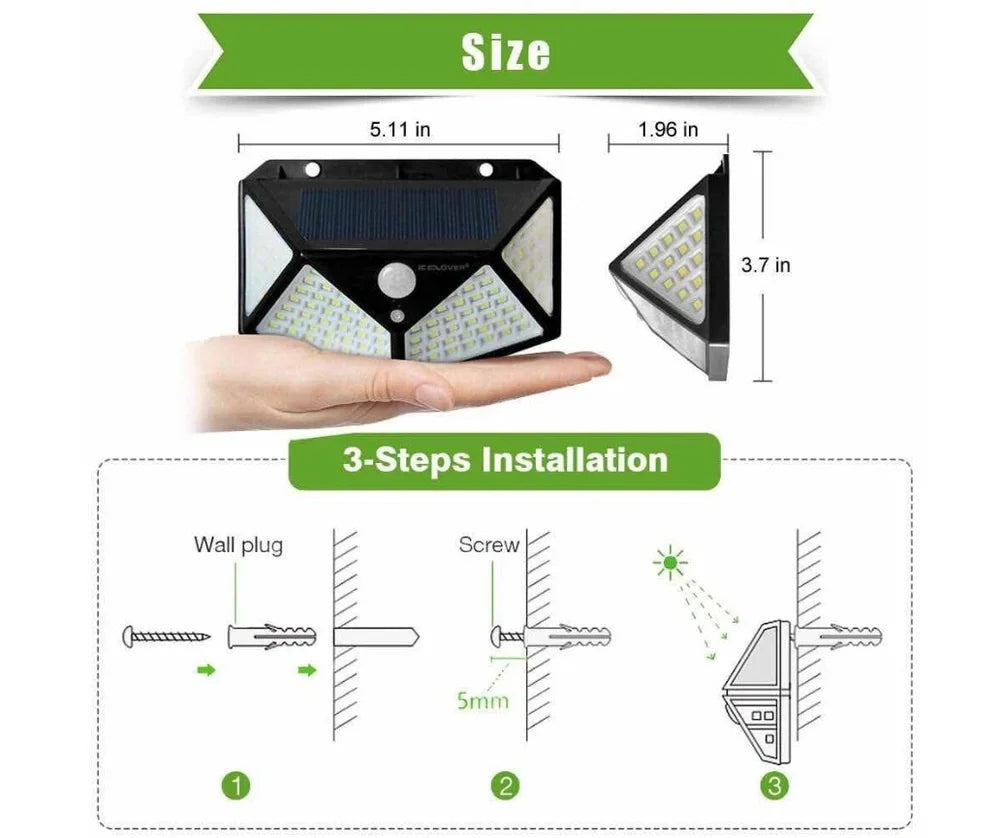 Solar-powered motion sensor wall lamp with 100 LED lights measuring 13x9.5x5cm