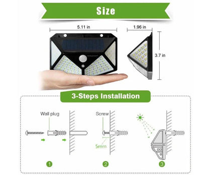Solar-powered motion sensor wall lamp with 100 LED lights measuring 13x9.5x5cm