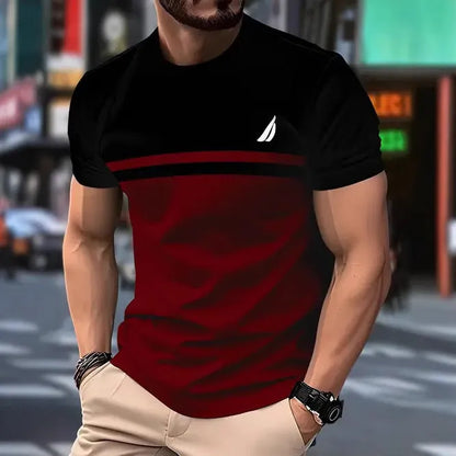 Men's loose fit short sleeve polyester t-shirt shown in available colours: black, gray, white, dark red.