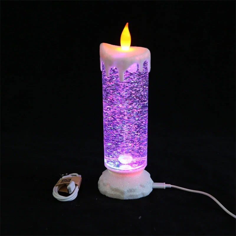 Colour-changing LED candle lamp with flickering flame, glitter, and water display