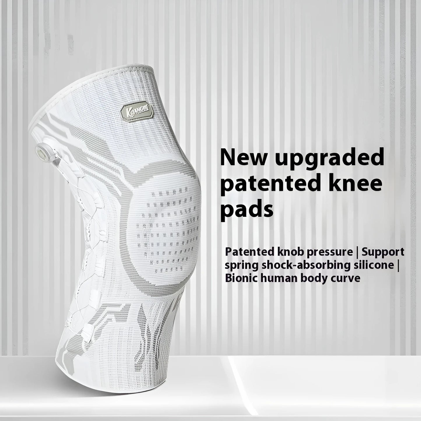 Grey and white sports kneepad for left or right knee, designed for basketball, running, and football.