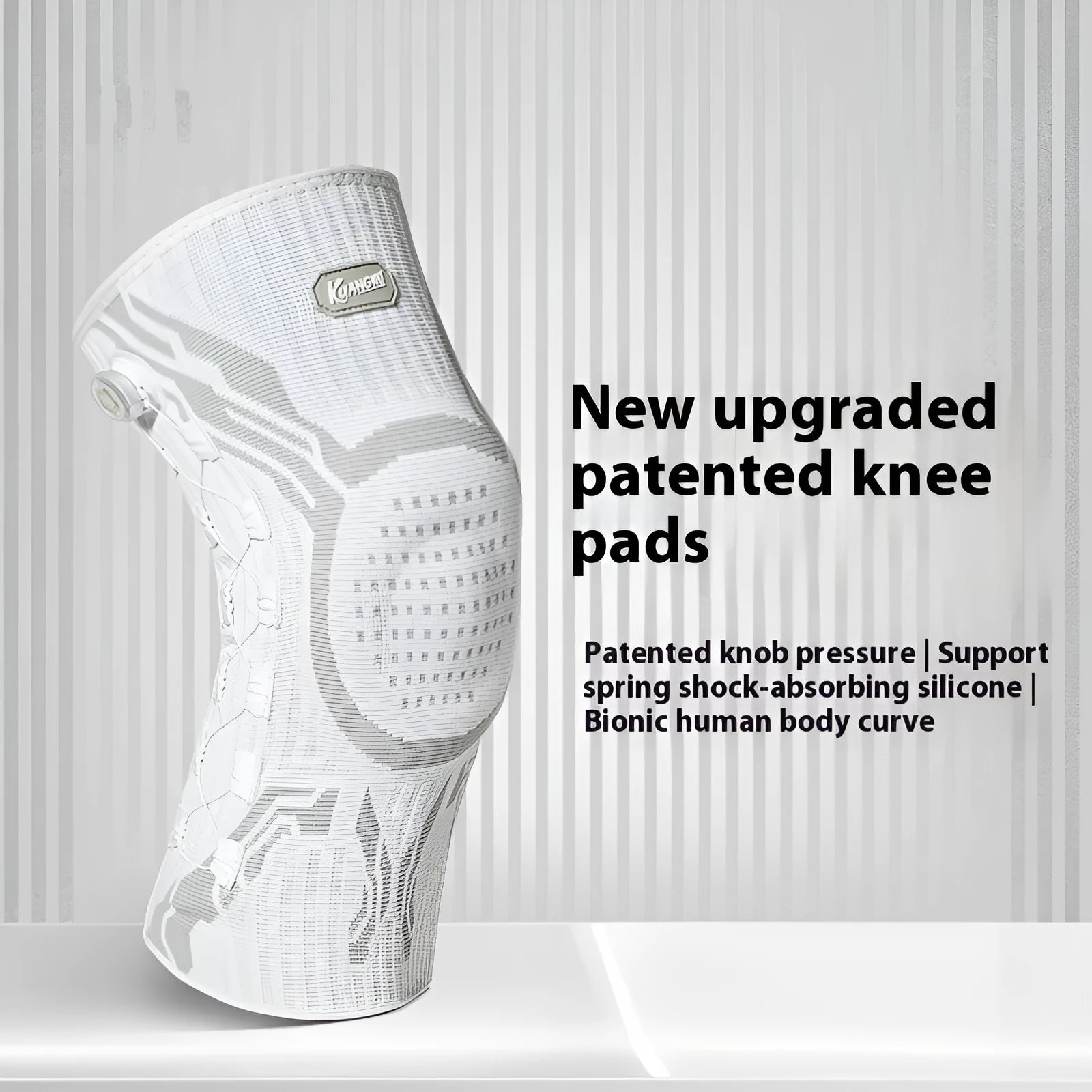 Grey and white sports kneepad for left or right knee, designed for basketball, running, and football.