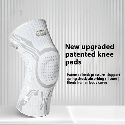 Grey and white sports kneepad for left or right knee, designed for basketball, running, and football.
