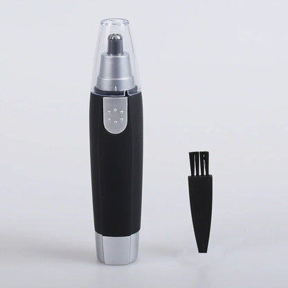 Black electric nose hair trimmer with rotating blades and arch design for safe nasal hair removal