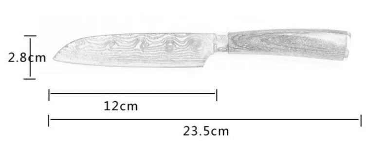 Professional chef knife with laser-etched Damascus pattern on 7Cr17 steel blade and coloured wood handle.