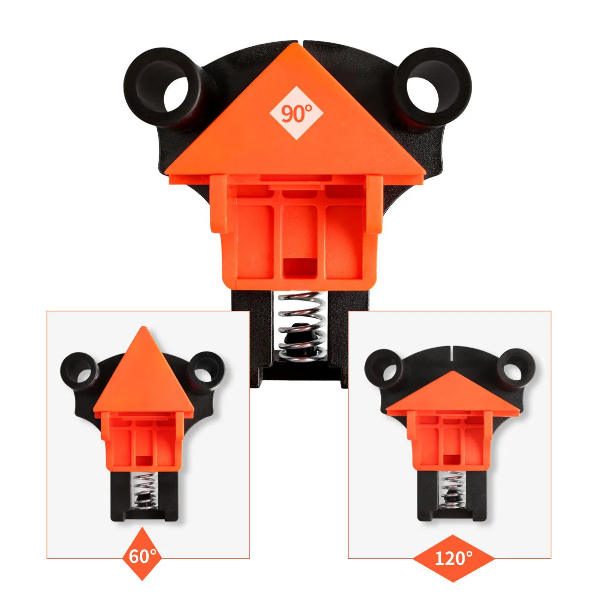 Four white plastic right angle clamps for woodworking and picture frame assembly on a workbench.