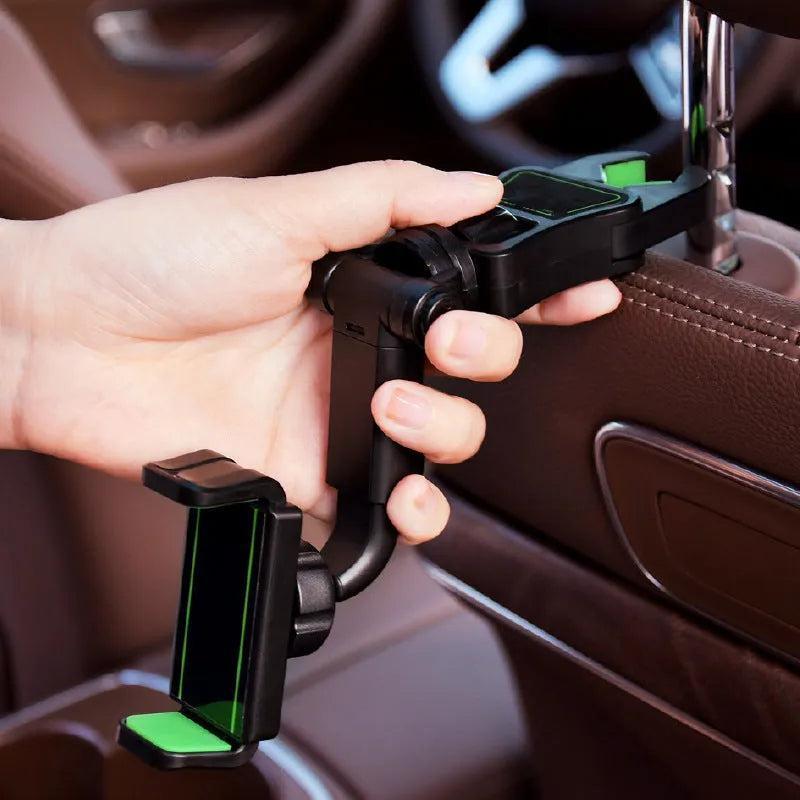 Universal car phone holder attached to a rear view mirror, shown in black and green colour.