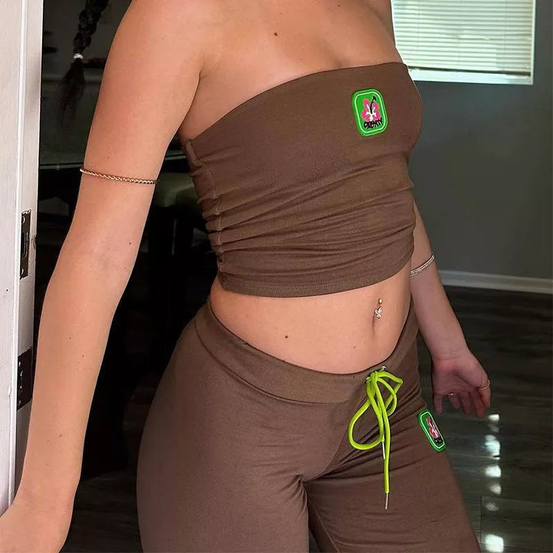 Women's summer two-piece set with embroidery tube top and high-waist bell-bottom pants