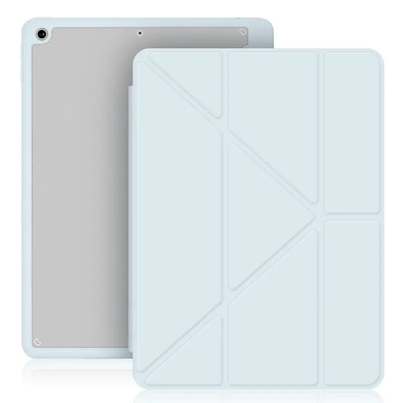 Y-folding imitation leather iPad case in dark grey, showing built-in stand and pen slot.