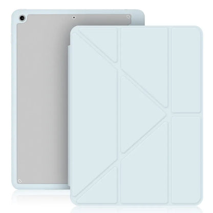 Y-folding imitation leather iPad case in dark grey, showing built-in stand and pen slot.