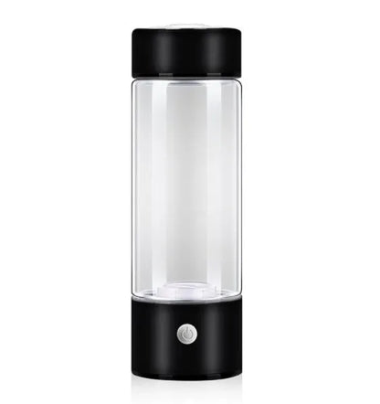 Portable hydrogen water bottle with glass chamber and stainless steel components showing electrolysis bubbles