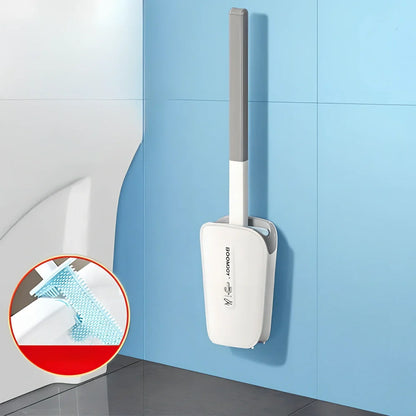 Wall-mounted toilet brush with blue antibacterial TPR head in plastic bucket