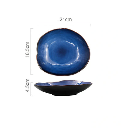 Deep blue irregular ceramic flat plate, 20.5cm diameter with kiln glaze, smooth surface for easy cleaning